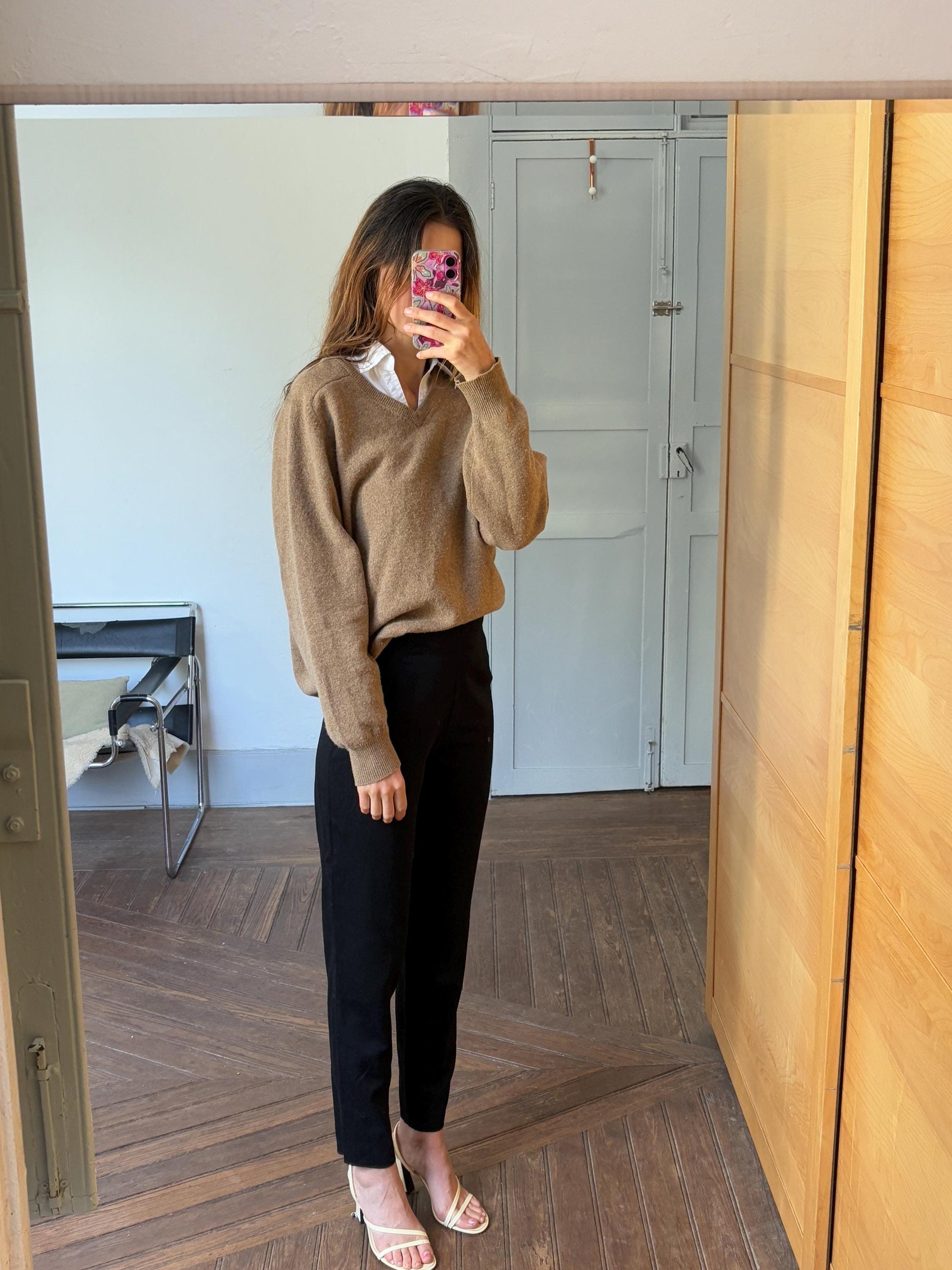 Light academia vintage brown pullover, 100 % lambs wool winter sweater, Cozy tan autumn knit, Size M