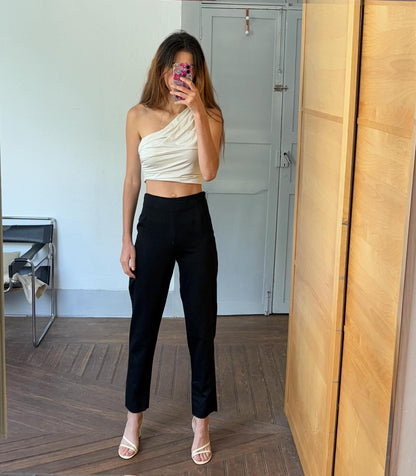 Black High Waist Italian Wool Trousers — back view