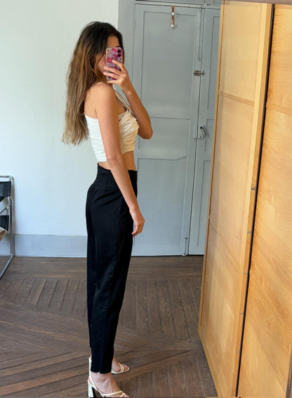 Black High Waist Italian Wool Trousers — fabric close-up