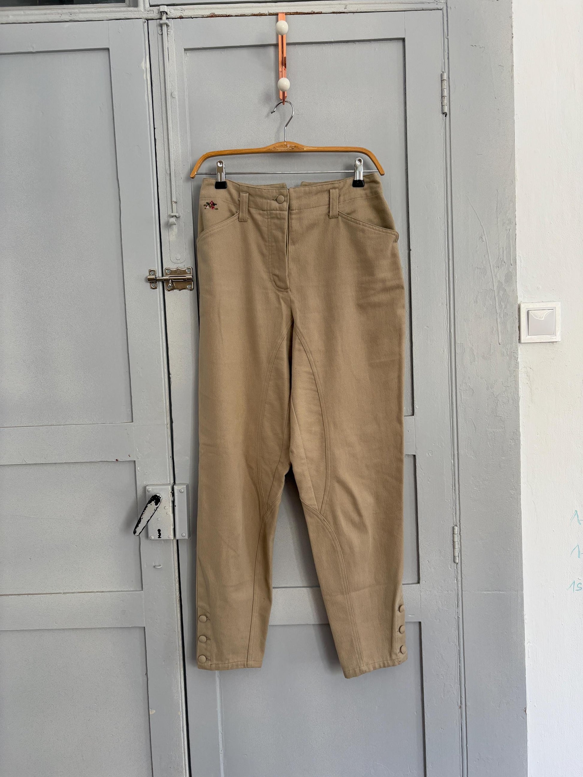 Vintage cotton beige Horse Riding style pants, High waist elegant formal carrot leg pants, Light beige cotton trousers, Made in Italy, 38 -M