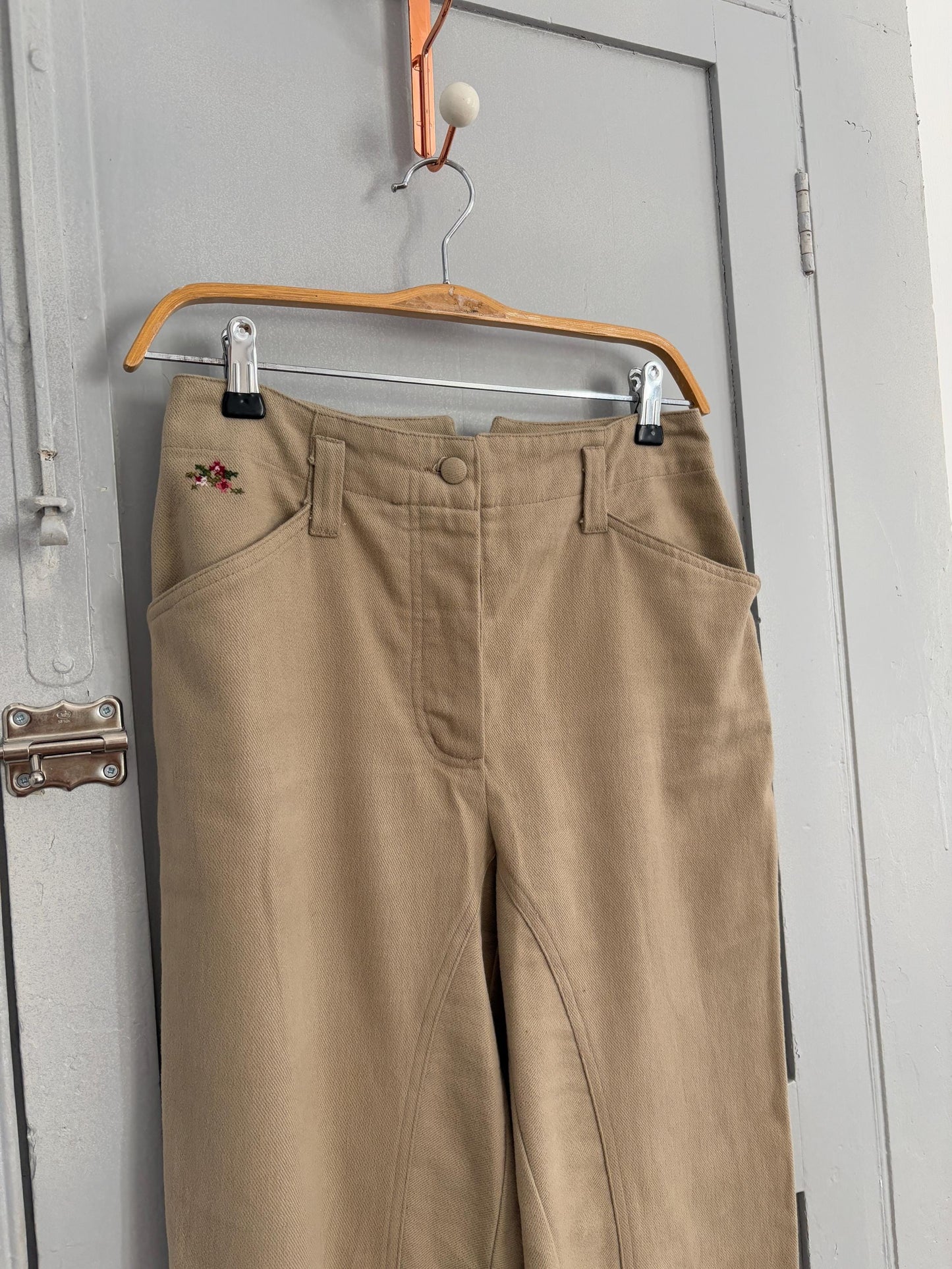 Vintage cotton beige Horse Riding style pants, High waist elegant formal carrot leg pants, Light beige cotton trousers, Made in Italy, 38 -M