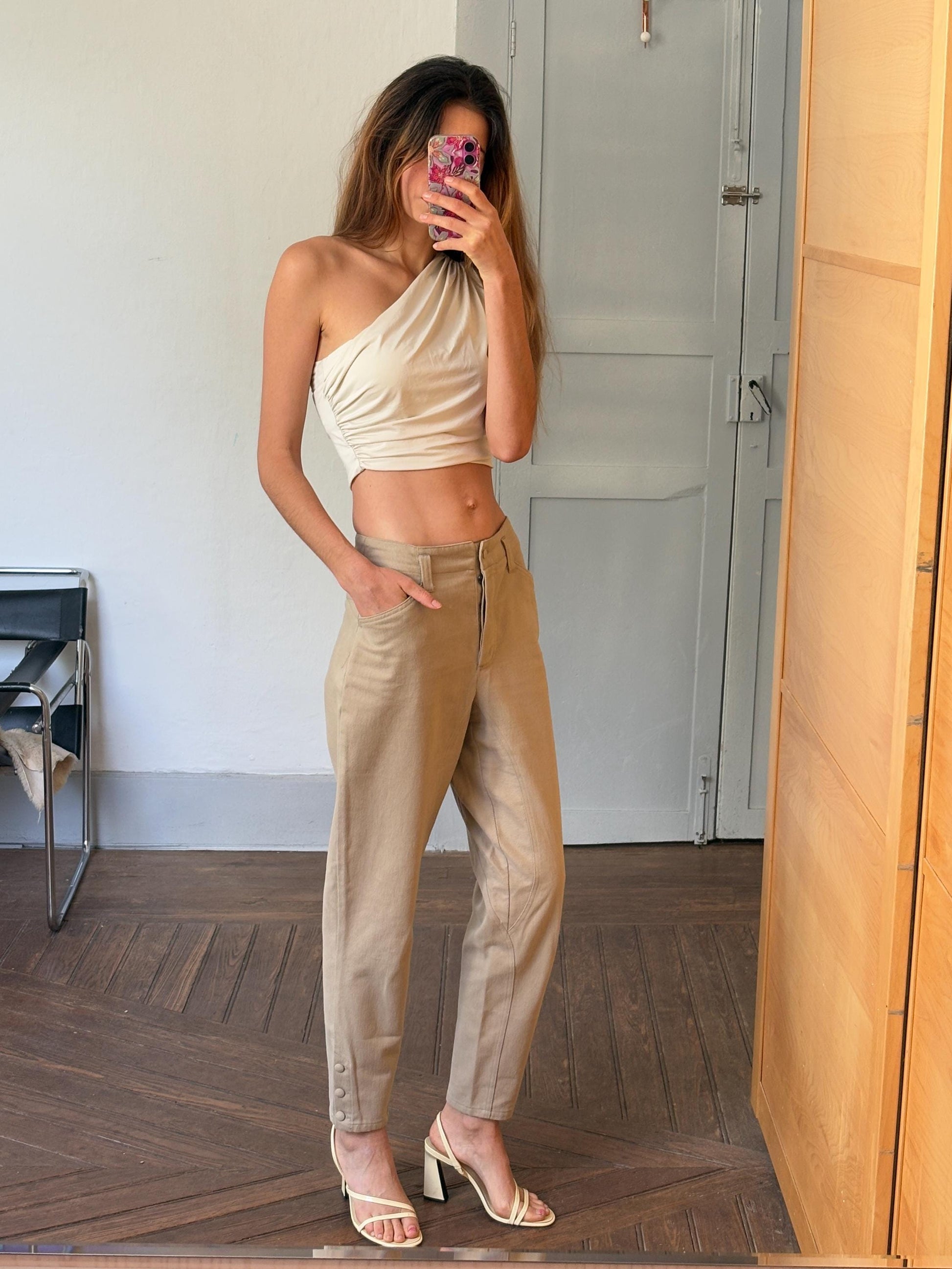 Vintage cotton beige Horse Riding style pants, High waist elegant formal carrot leg pants, Light beige cotton trousers, Made in Italy, 38 -M