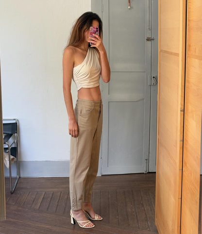 Beige Vintage Cotton High-Waist Riding Pants — back view