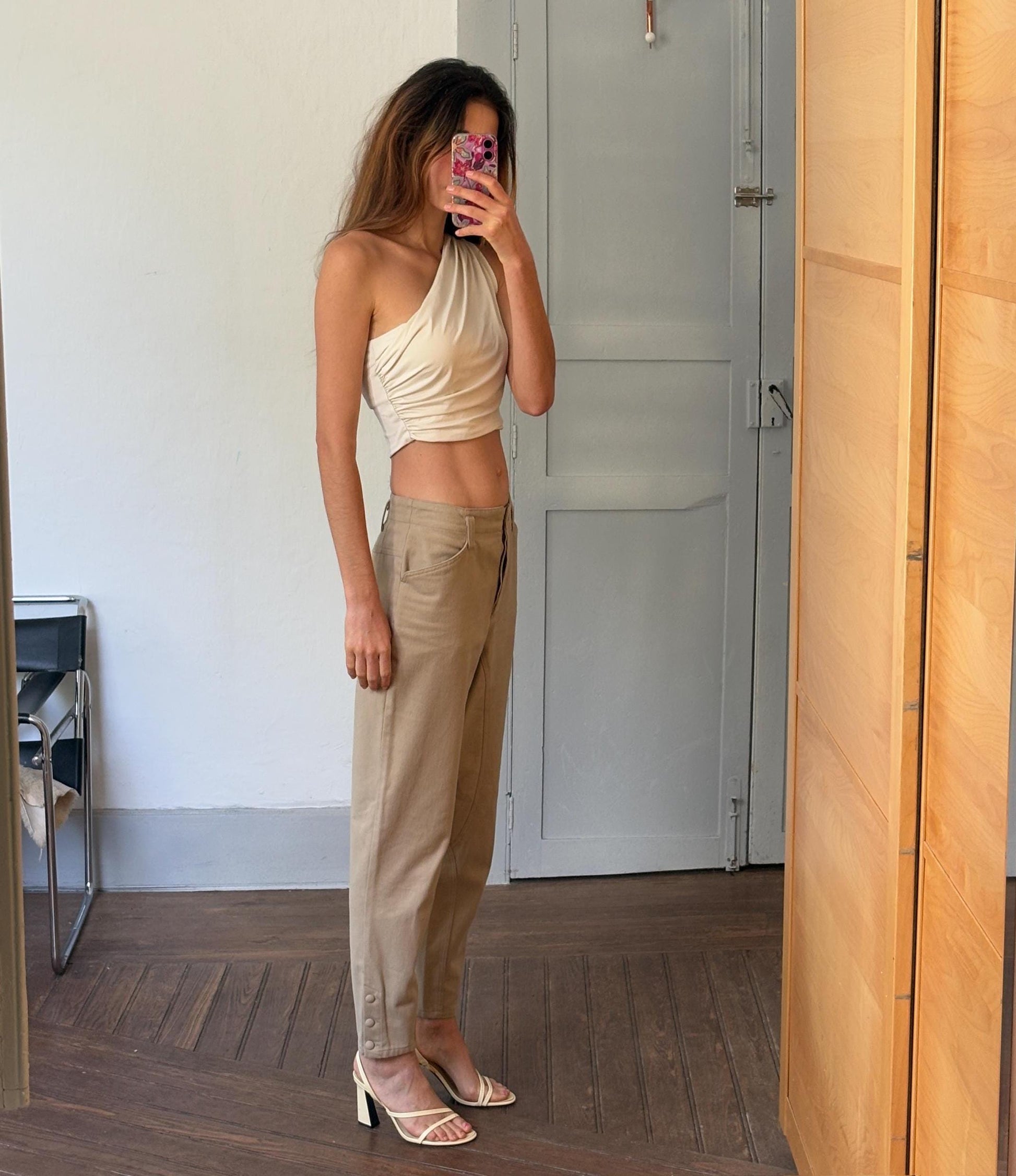 Vintage cotton beige Horse Riding style pants, High waist elegant formal carrot leg pants, Light beige cotton trousers, Made in Italy, 38 -M