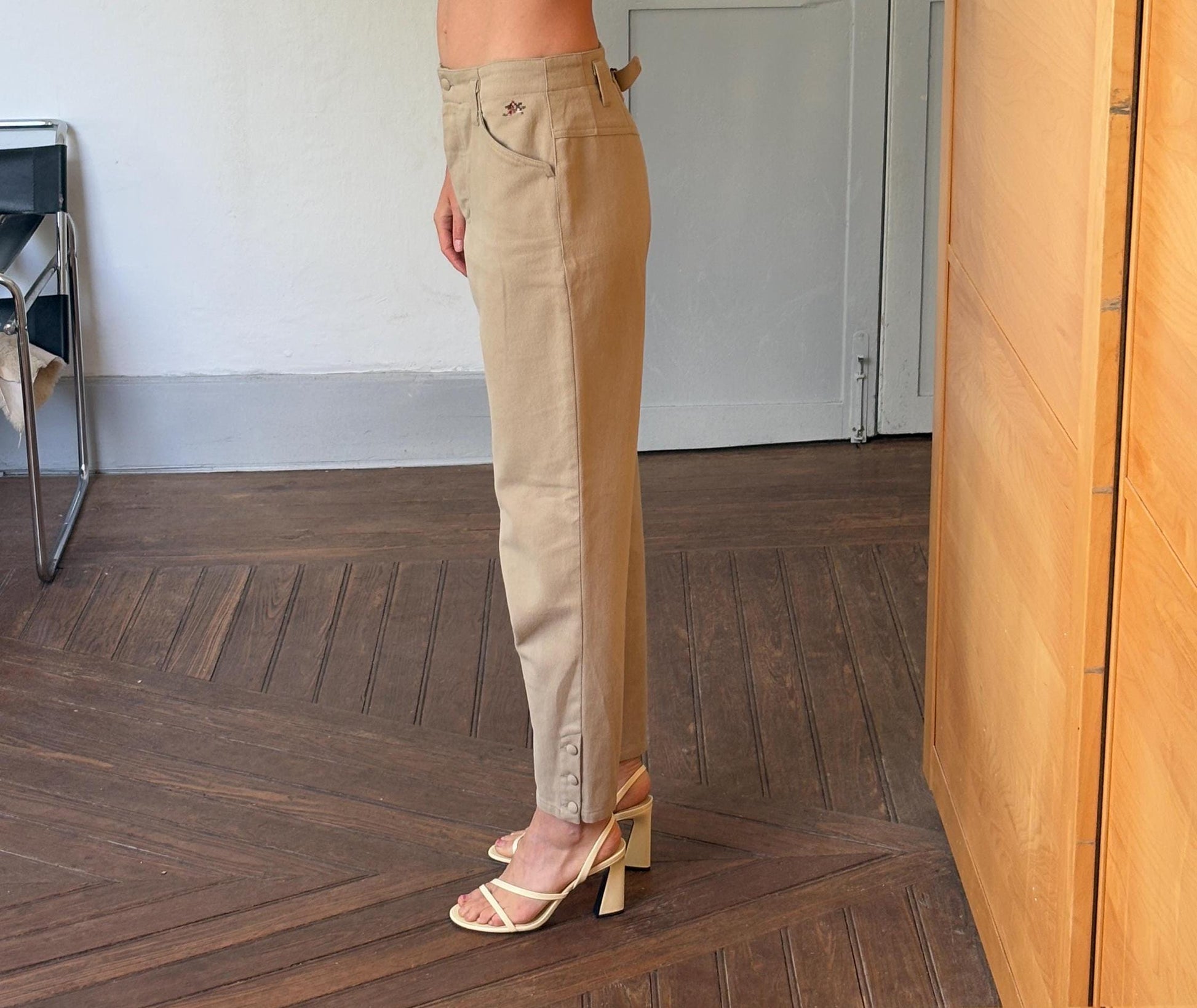 Vintage cotton beige Horse Riding style pants, High waist elegant formal carrot leg pants, Light beige cotton trousers, Made in Italy, 38 -M