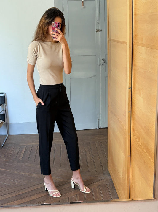 Vintage black dark academia trousers, Wool high waist Italian designer pants, Made in Italy grandpa pants