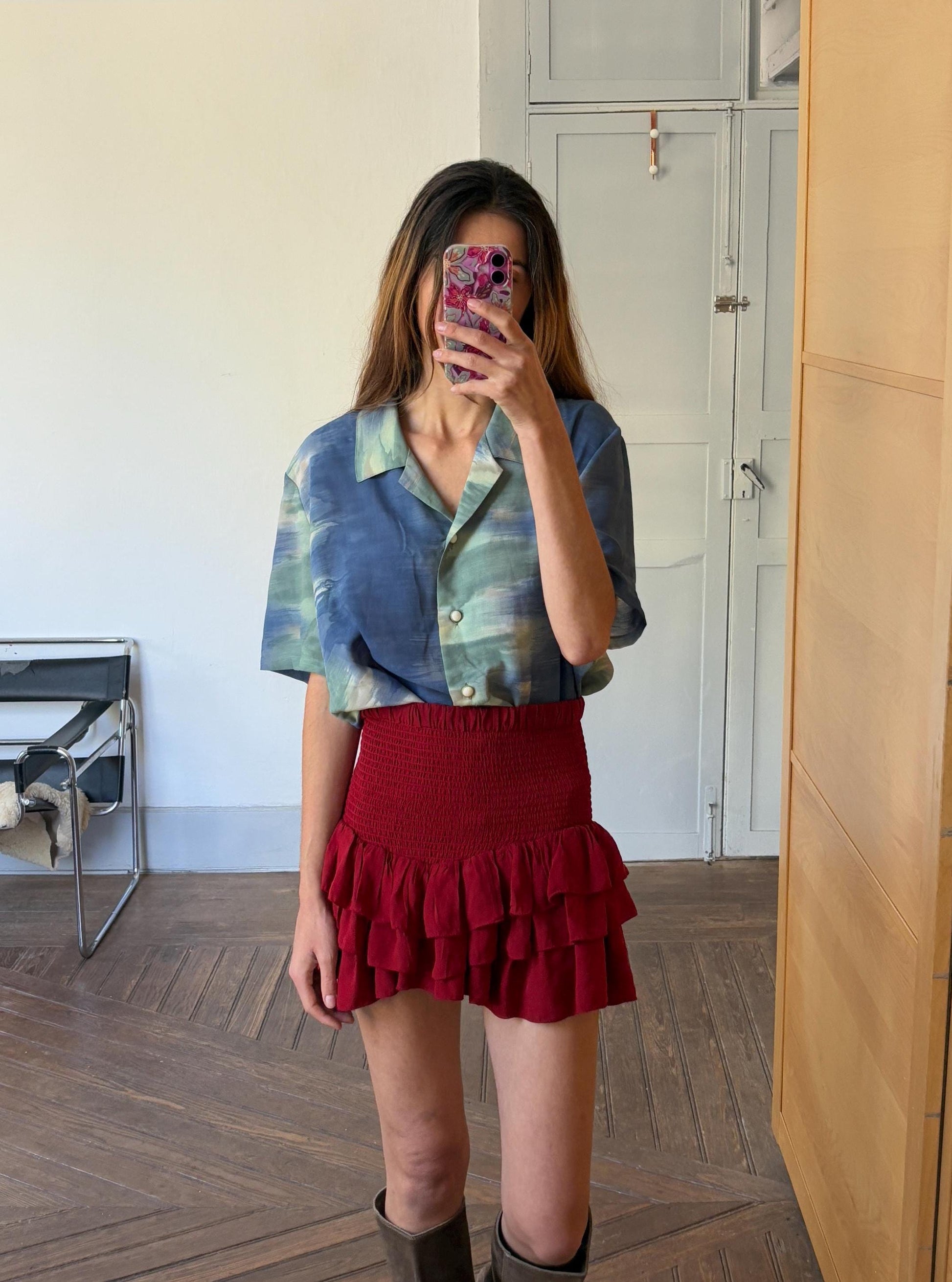 Vintage retro women's blouse, Abstract 70s woman shirt, Cropped summer blouse, Blue tie dye pattern shirt, Colourful flashy top