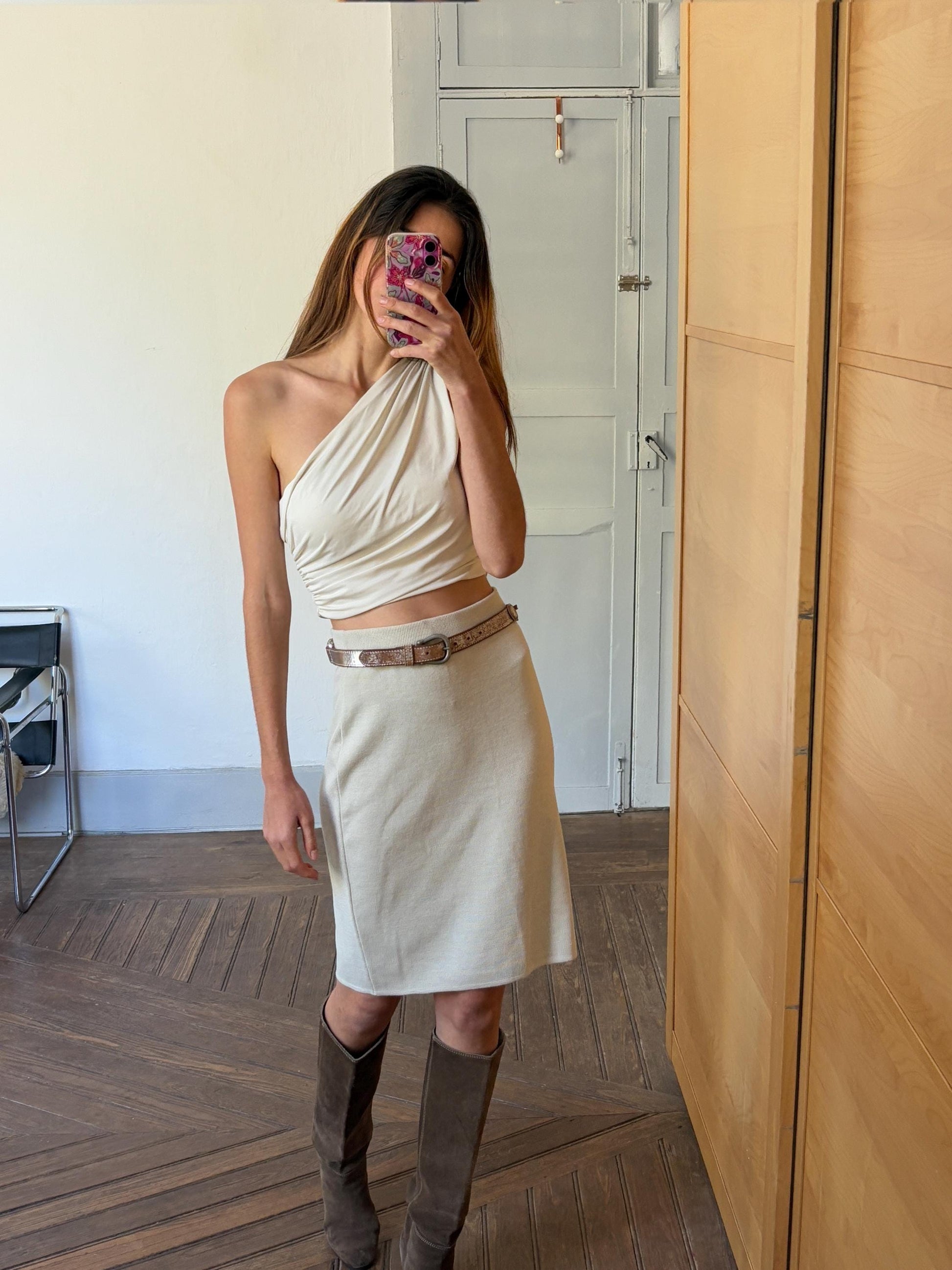 Luxury white merino wool blend knit skirt, Fine knit winter skirt, Bohemian 70s preppy and minimalist Aesthetic, M