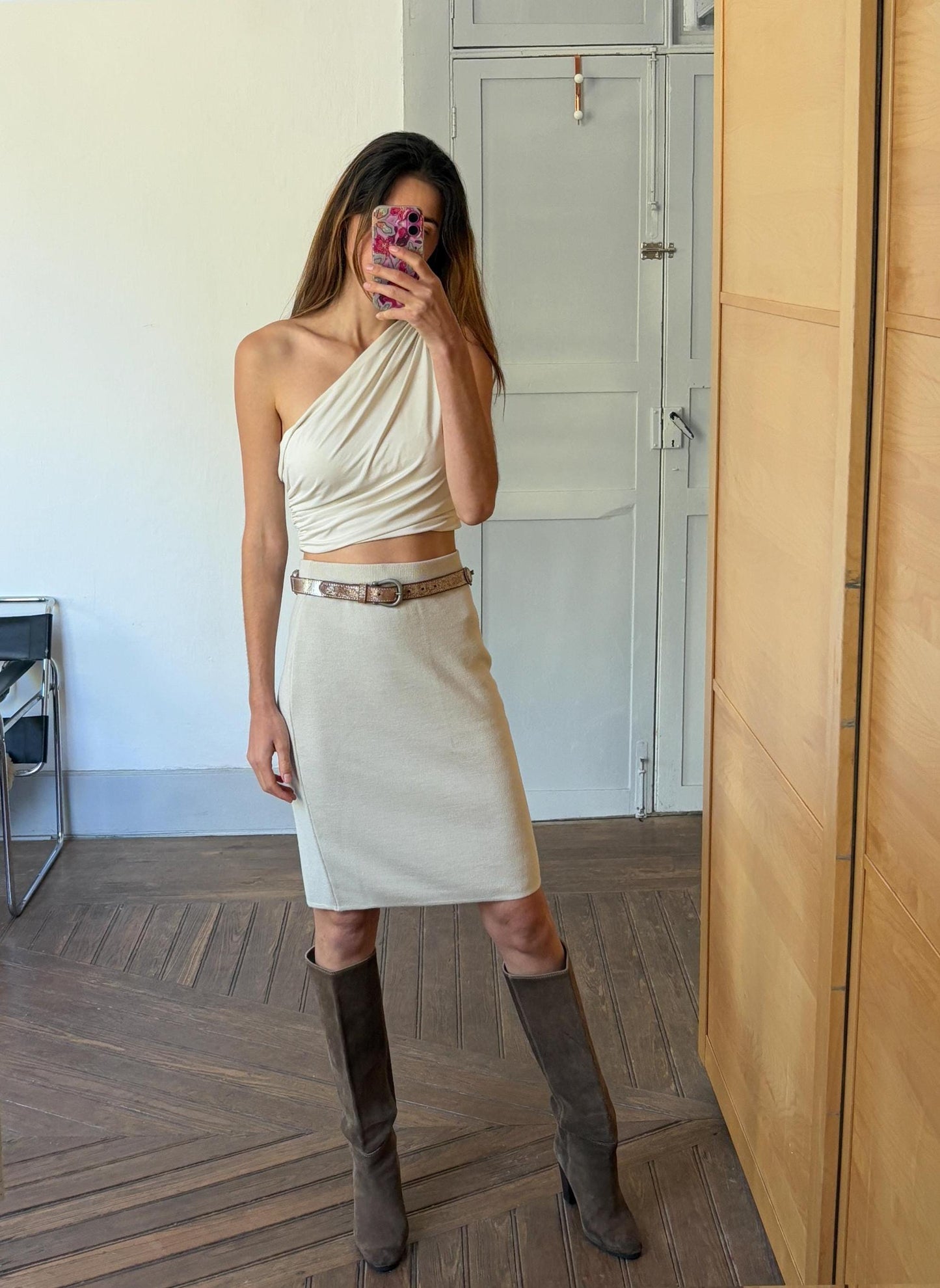 Luxury white merino wool blend knit skirt, Fine knit winter skirt, Bohemian 70s preppy and minimalist Aesthetic, M