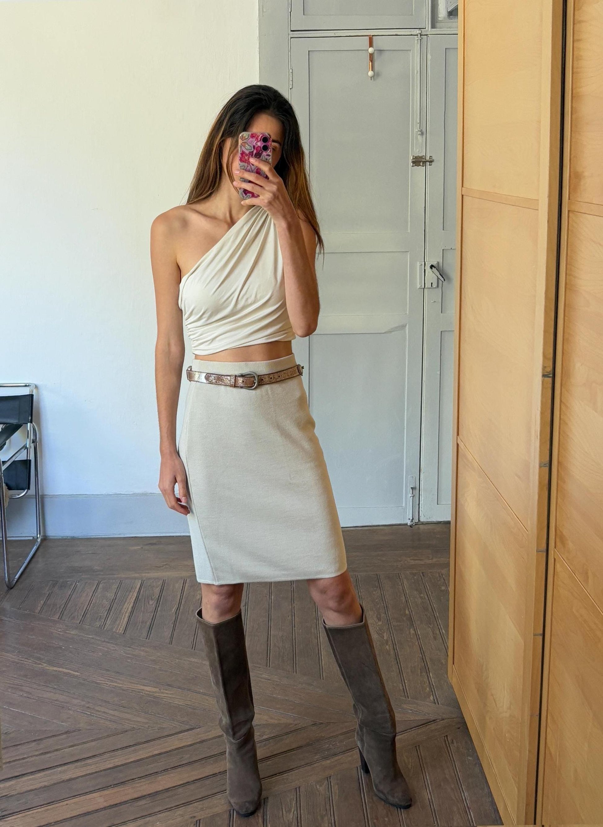 Luxury white merino wool blend knit skirt, Fine knit winter skirt, Bohemian 70s preppy and minimalist Aesthetic, M