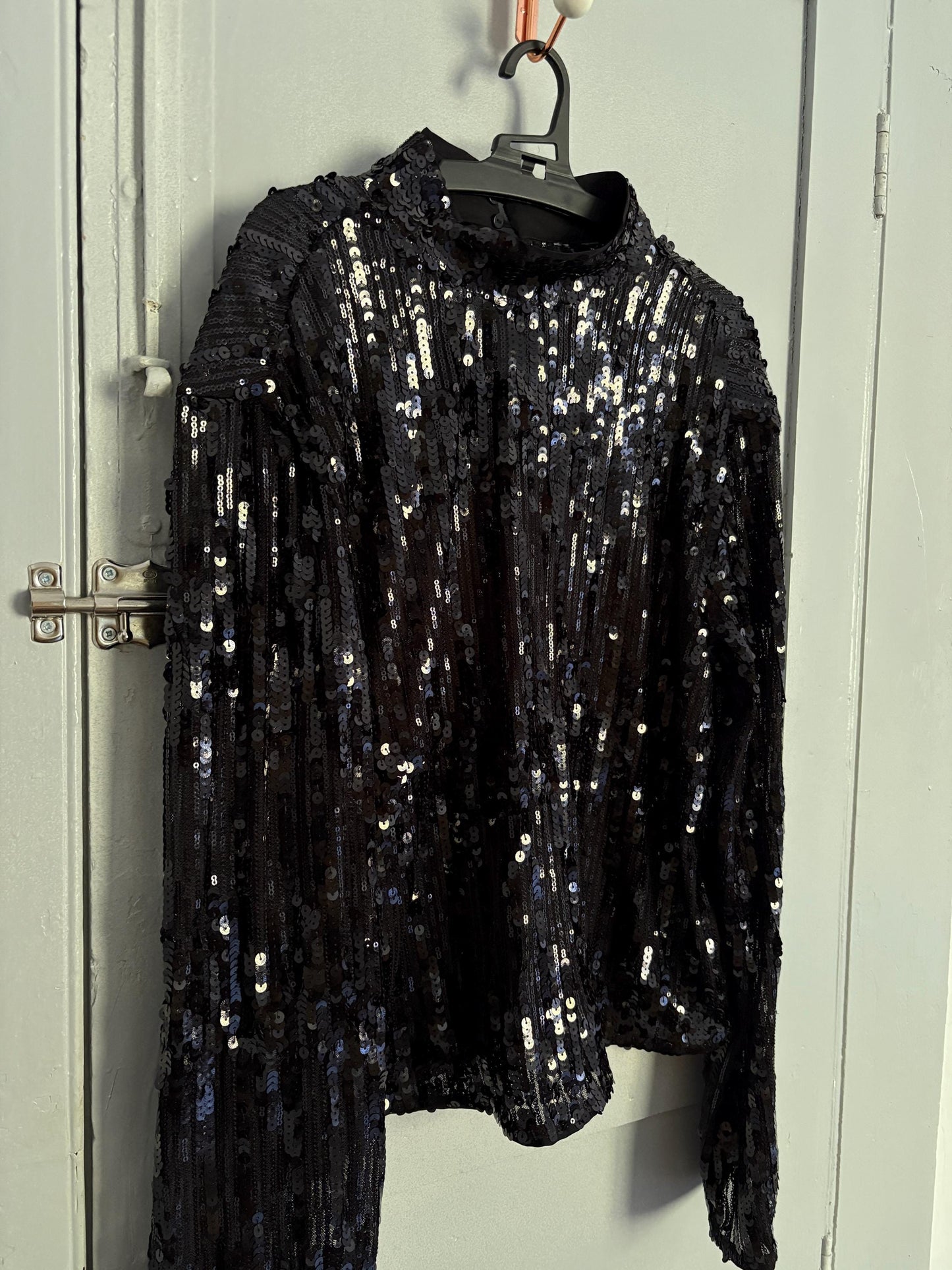 Vintage Black Sequin Top, Mock Neck Long Sleeve Party Shirt, Glitter Blouse, Festive Holiday Outfit, Y2K Glam Fashion, Size S