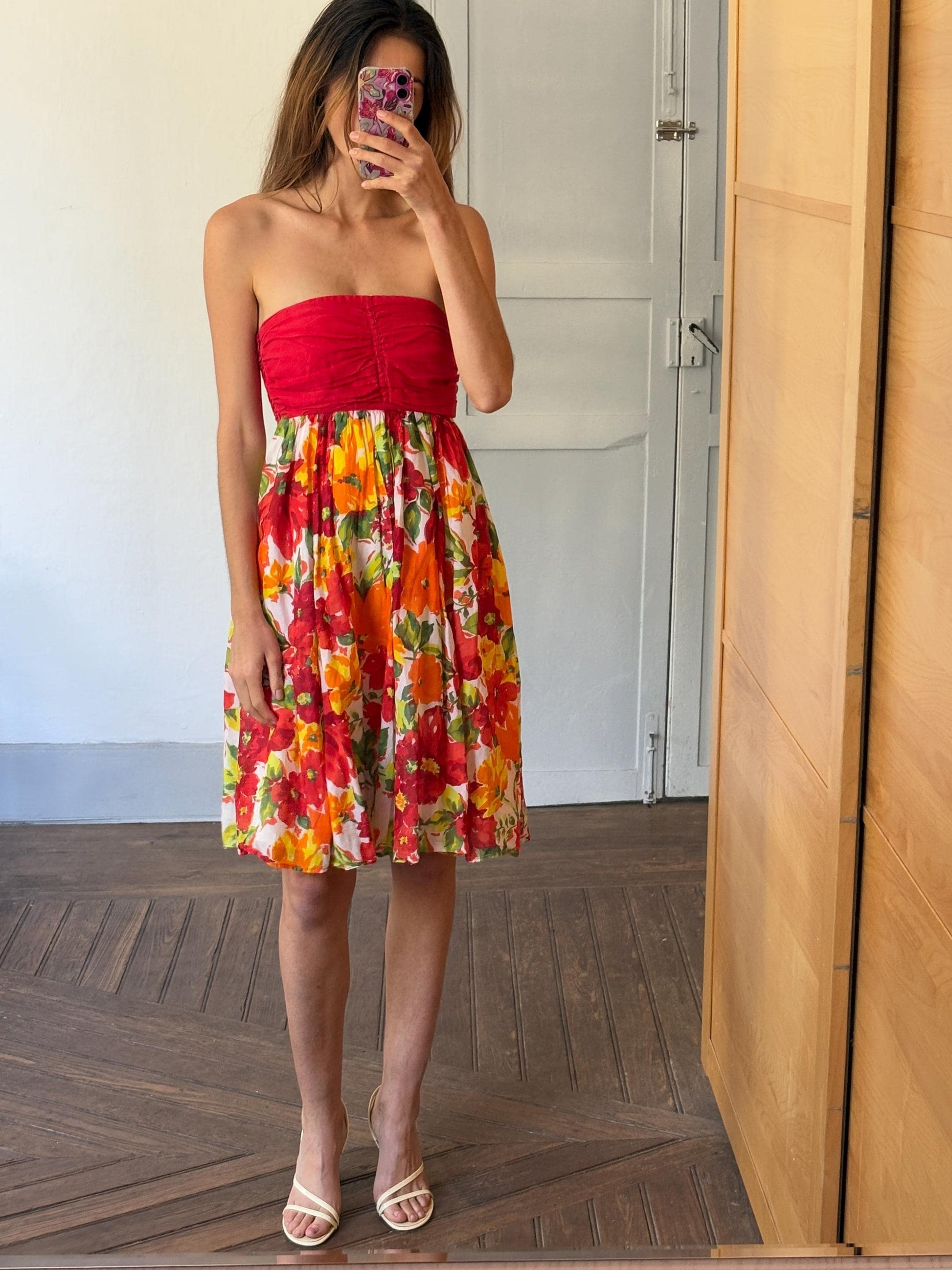 Vintage Colourful summer dress, Strapless red floral midi dress, Flower print housewife dress, Retro 80s woman dress