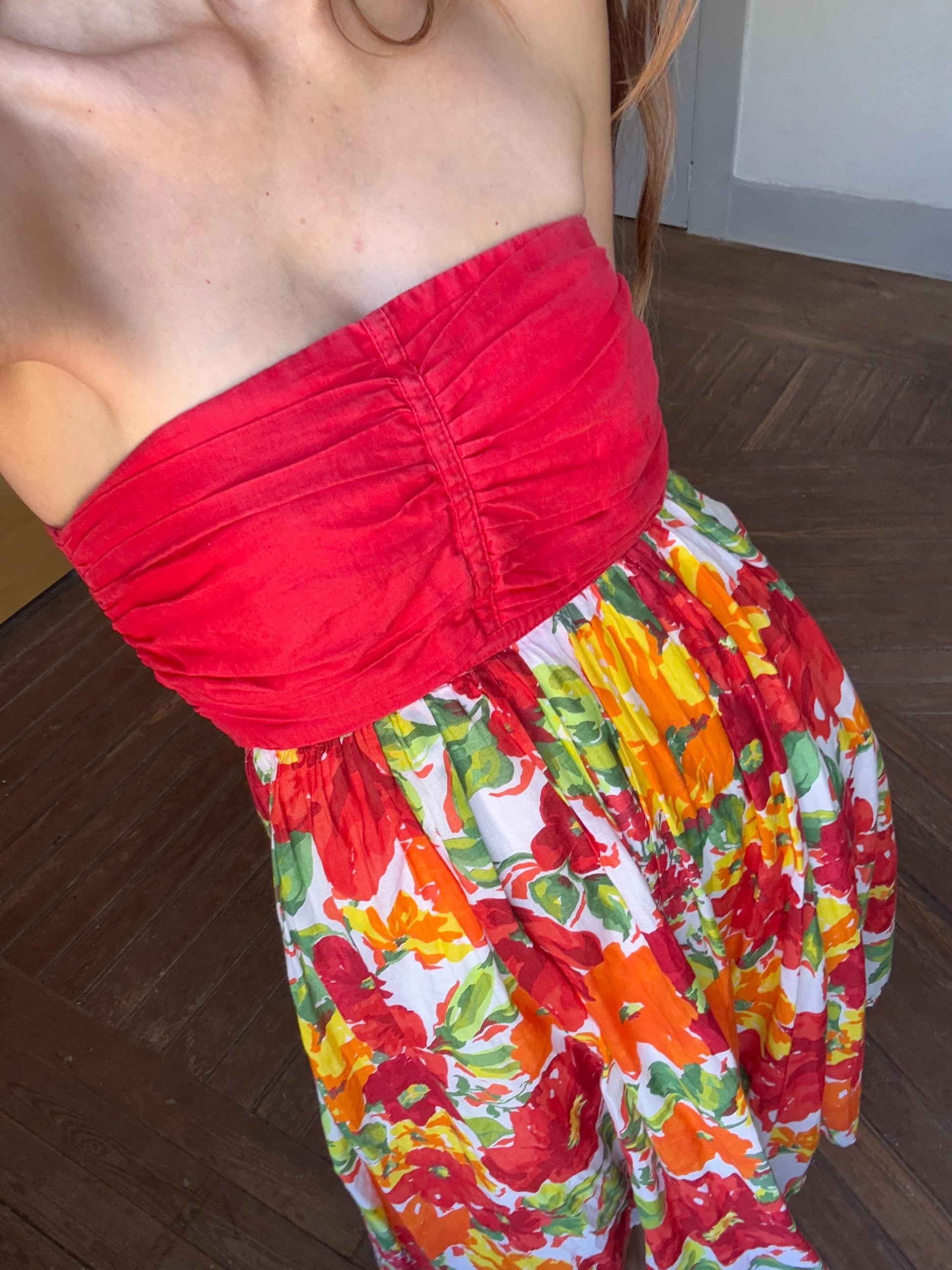 Vintage Colourful summer dress, Strapless red floral midi dress, Flower print housewife dress, Retro 80s woman dress