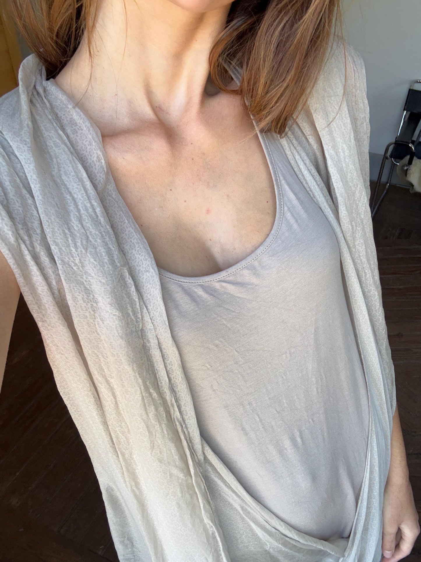 Vintage 100 % silk Light Grey Mini Dress | Soft Elastic Minimalist Style, Basic futuristic wrap around sleeveless summer dress, Size S