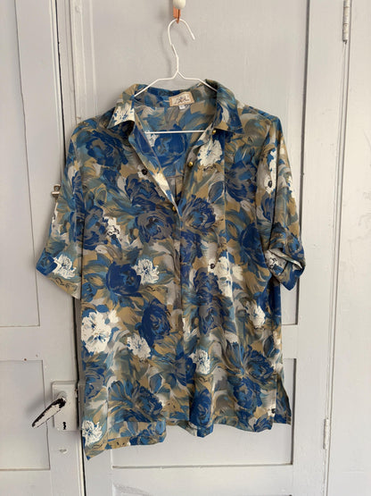 Vintage Floral Blouse in Blue Print — fabric close-up