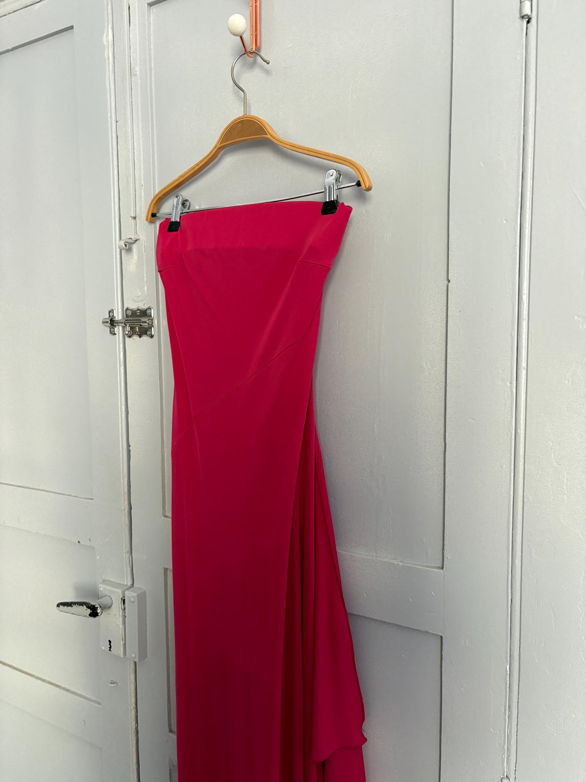 Sexy Vintage dark pink strapless evening dress, Bandeau long pink wedding guest dress, Retro 2000s bubblegum maxi dress, Size XS - S