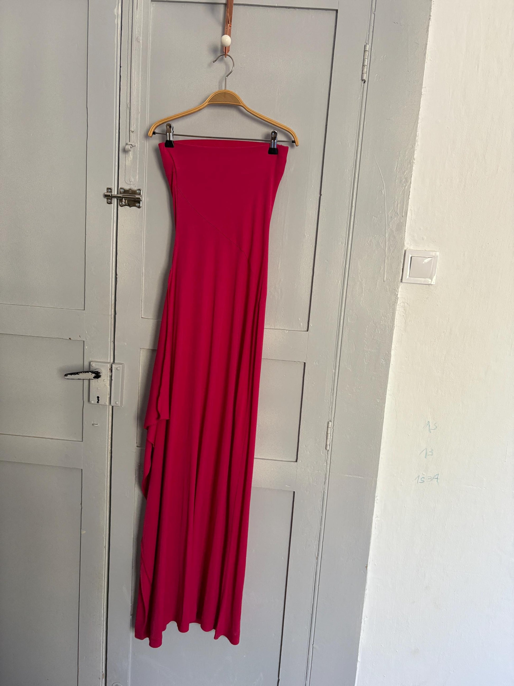 Sexy Vintage dark pink strapless evening dress, Bandeau long pink wedding guest dress, Retro 2000s bubblegum maxi dress, Size XS - S