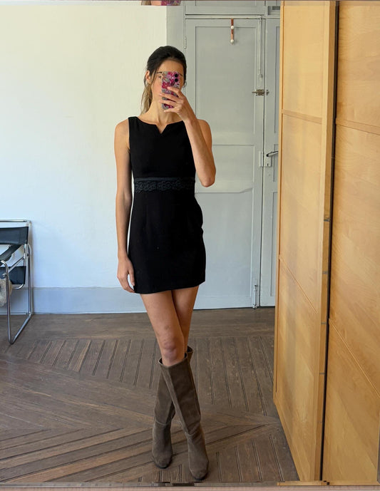 Vintage luxury designer black formal mini dress, Elegant El Corte Ingles short dress, Made in England, Size XS