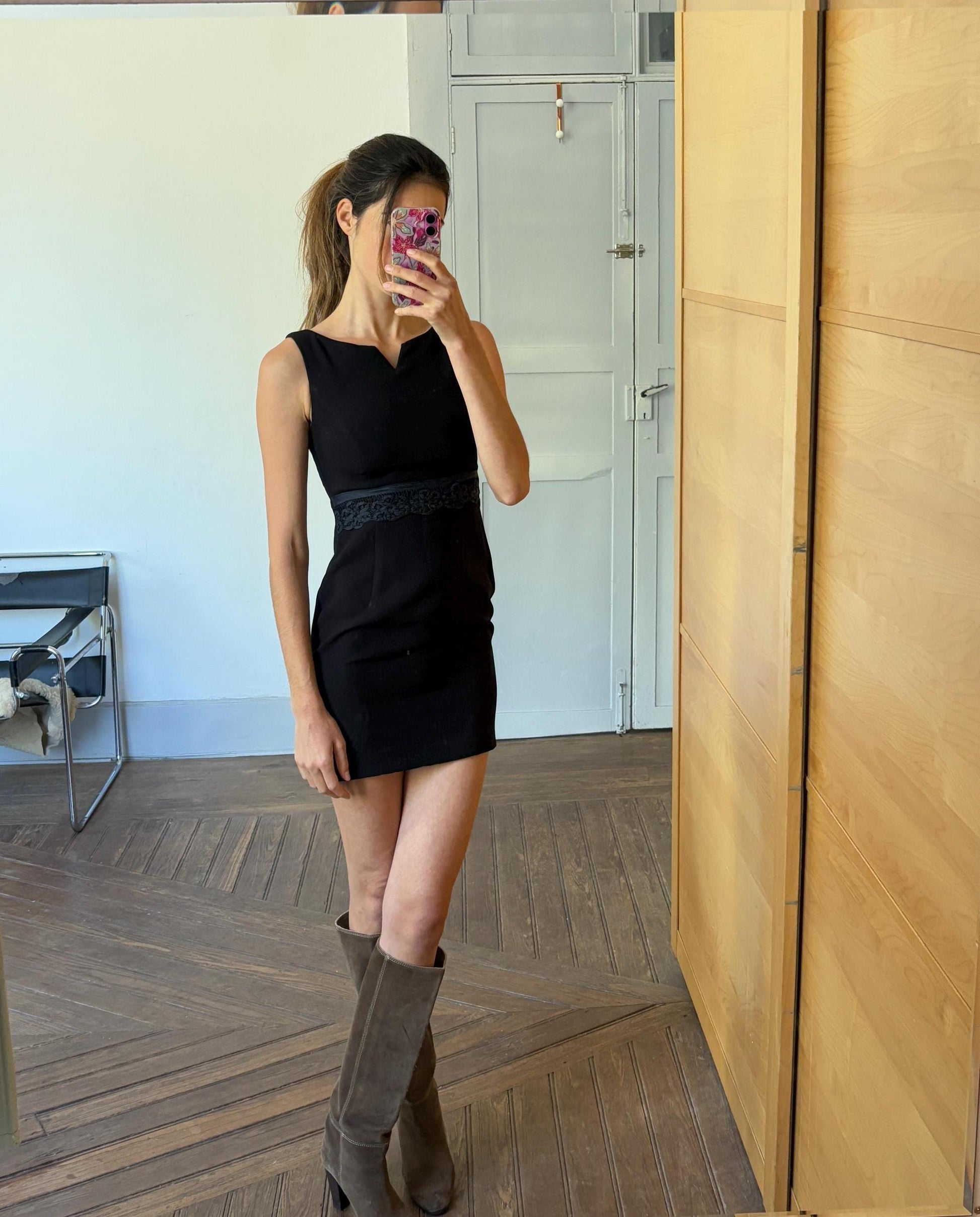 Vintage luxury designer black formal mini dress, Elegant El Corte Ingles short dress, Made in England, Size XS