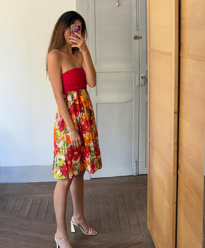 Vintage Red Floral Strapless Dress, 80s Summer Midi