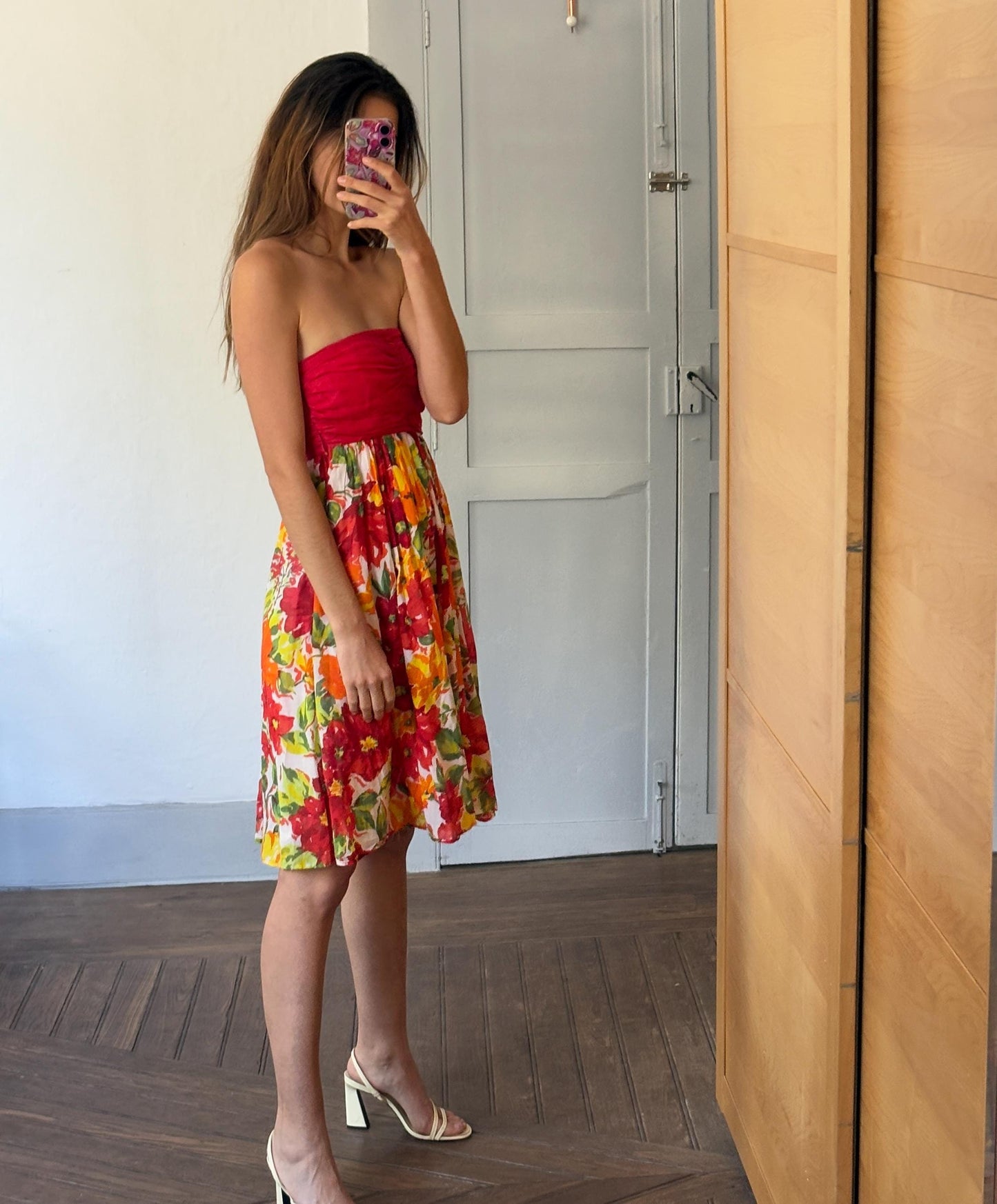 Vintage Colourful summer dress, Strapless red floral midi dress, Flower print housewife dress, Retro 80s woman dress