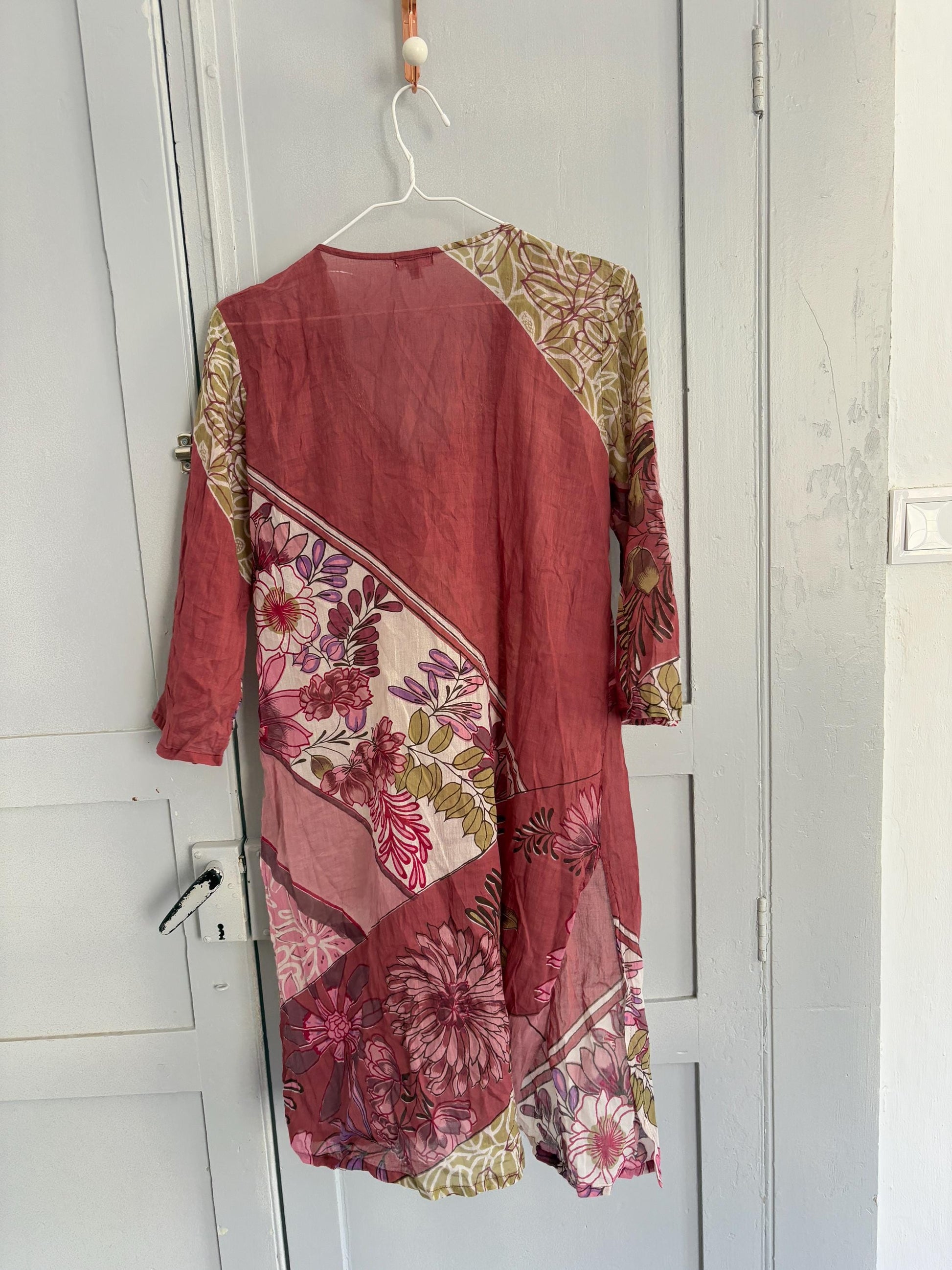 Vintage boho summer dress, Luxury V neck lightly sheer tunic, 100 % Cotton Pareo beach layer, Bead enriched Floral dress
