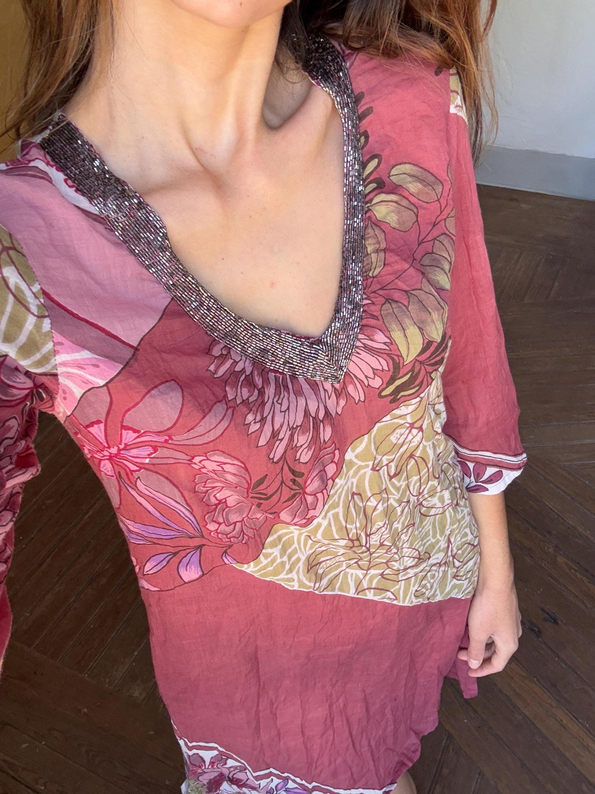 Vintage boho summer dress, Luxury V neck lightly sheer tunic, 100 % Cotton Pareo beach layer, Bead enriched Floral dress