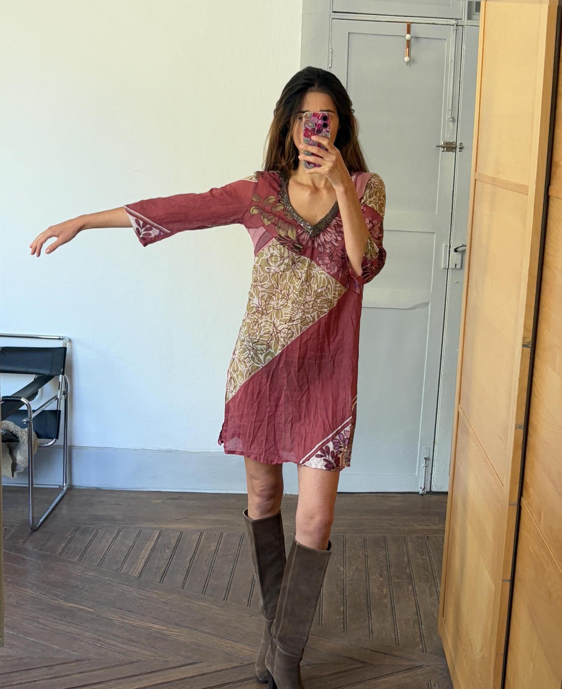 Vintage boho summer dress, Luxury V neck lightly sheer tunic, 100 % Cotton Pareo beach layer, Bead enriched Floral dress