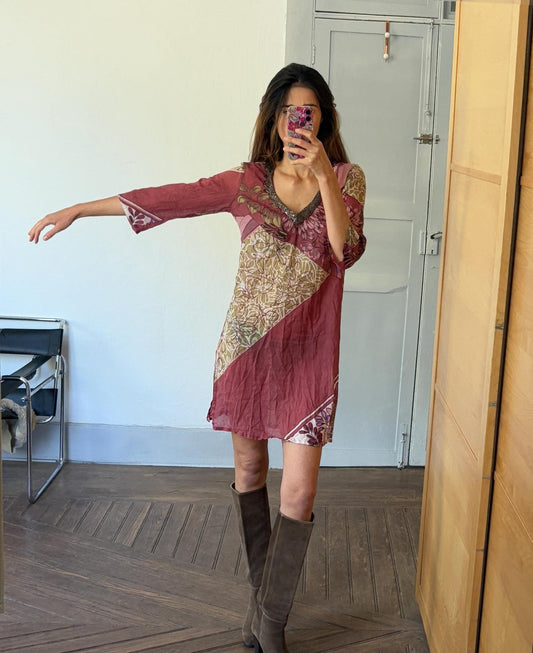 Vintage boho summer dress, Luxury V neck lightly sheer tunic, 100 % Cotton Pareo beach layer, Bead enriched Floral dress