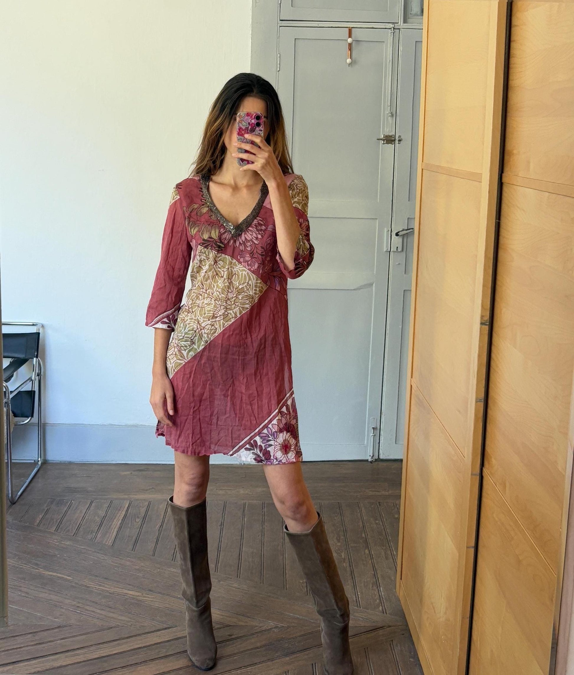 Vintage boho summer dress, Luxury V neck lightly sheer tunic, 100 % Cotton Pareo beach layer, Bead enriched Floral dress