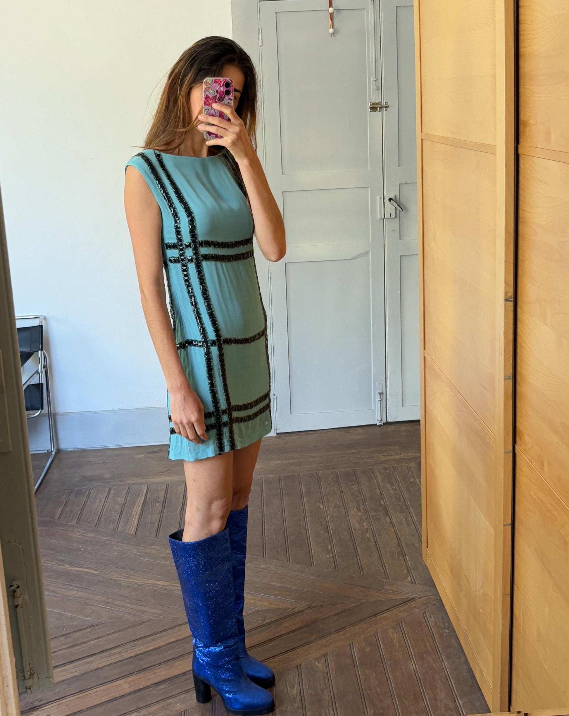 Vintage blue mini dress, Embellished retro 70s dress, Roaring 20s festive mini dress