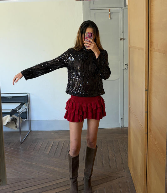 Vintage Black Sequin Top, Mock Neck Long Sleeve Party Shirt, Glitter Blouse, Festive Holiday Outfit, Y2K Glam Fashion, Size S