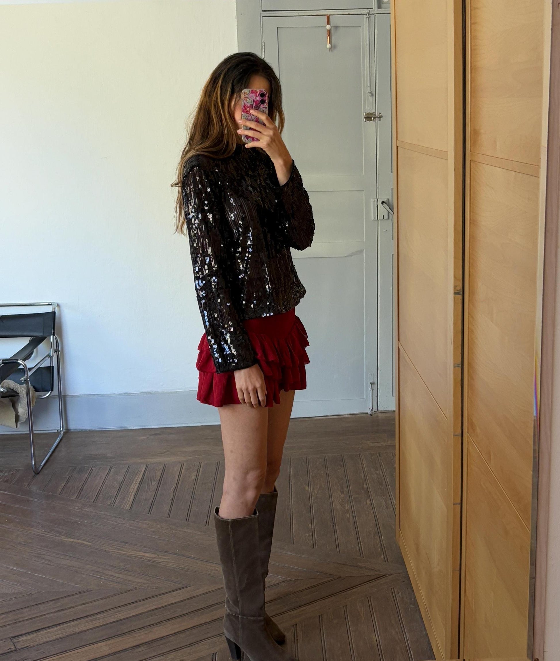 Black Sequin Top, Mock Neck Long Sleeve Party Shirt, Glitter Blouse, Festive Holiday Outfit