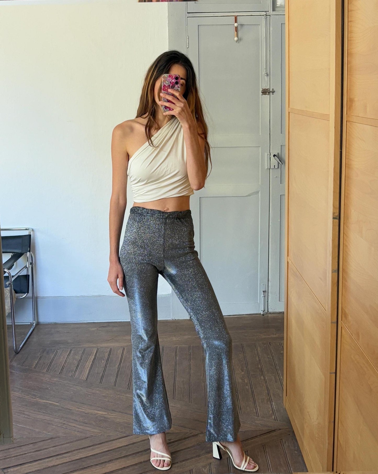 Silver Glitter Flared Pants, Dutch Label, High Waist Sparkly Leggings, New Year’s Eve Outfit, Party wear Bargain