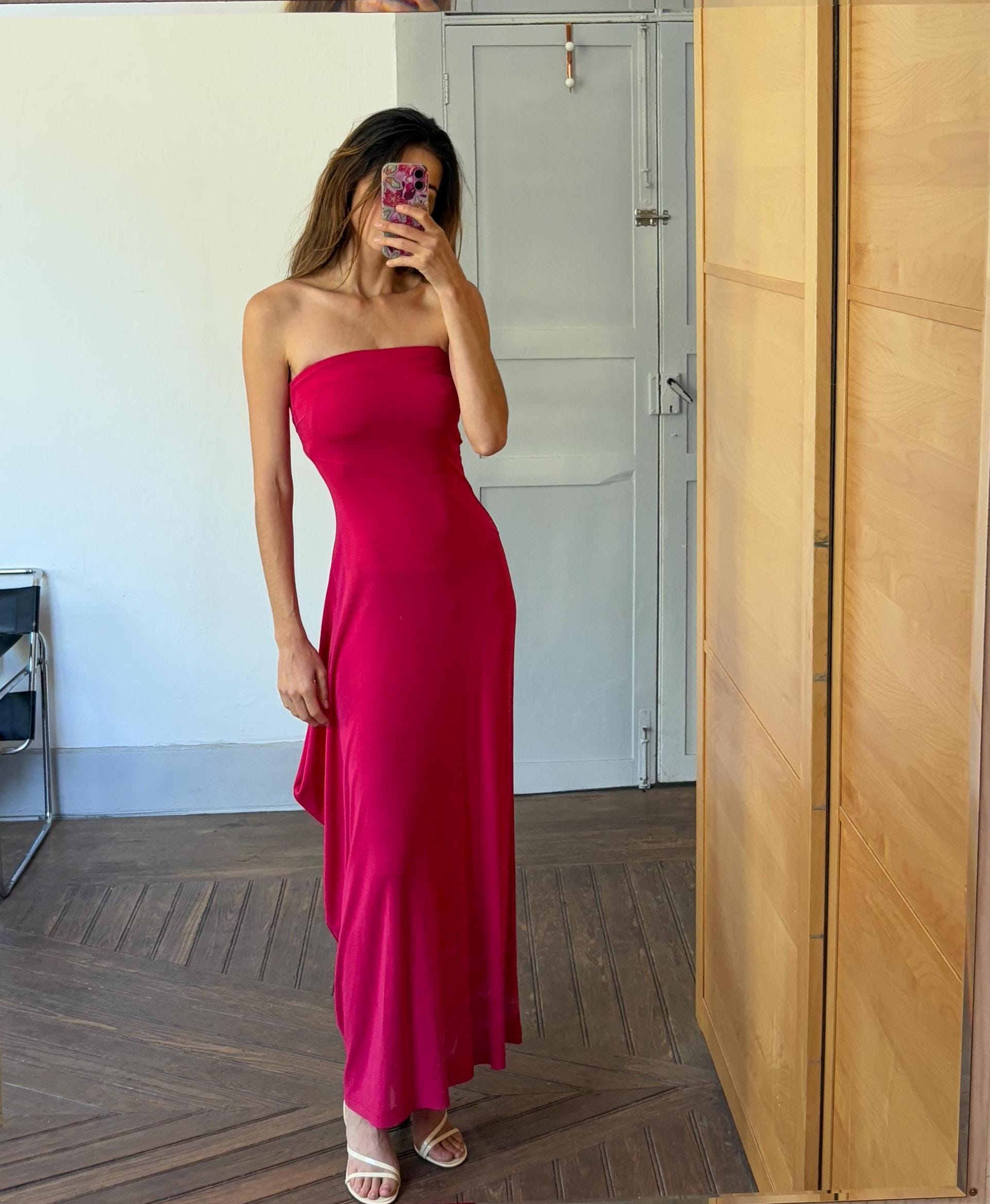 Sexy Vintage dark pink strapless evening dress, Bandeau long pink wedding guest dress, Retro 2000s bubblegum maxi dress, Size XS - S