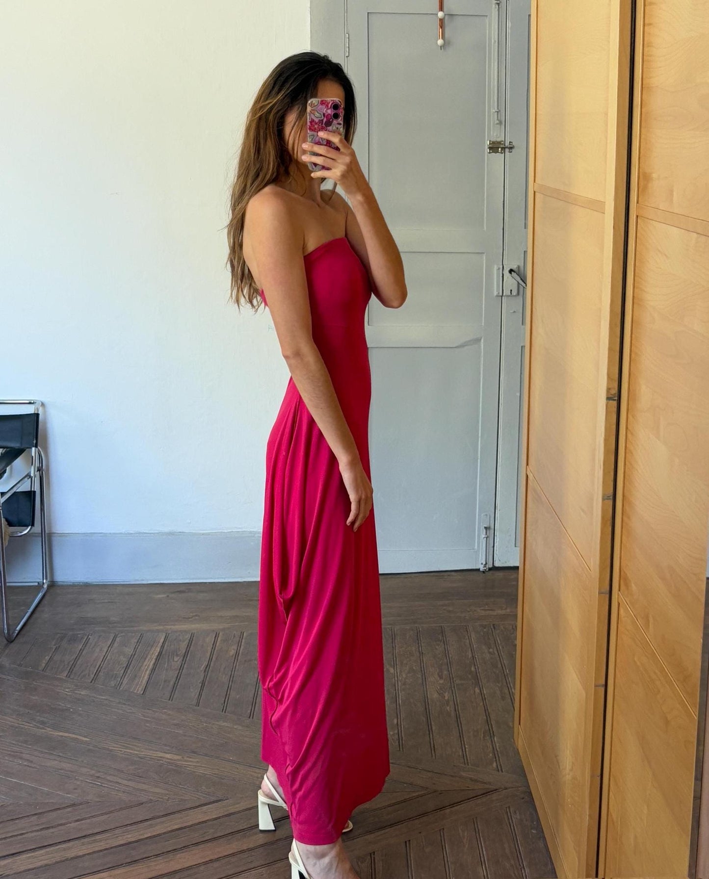 Sexy Vintage dark pink strapless evening dress, Bandeau long pink wedding guest dress, Retro 2000s bubblegum maxi dress, Size XS - S