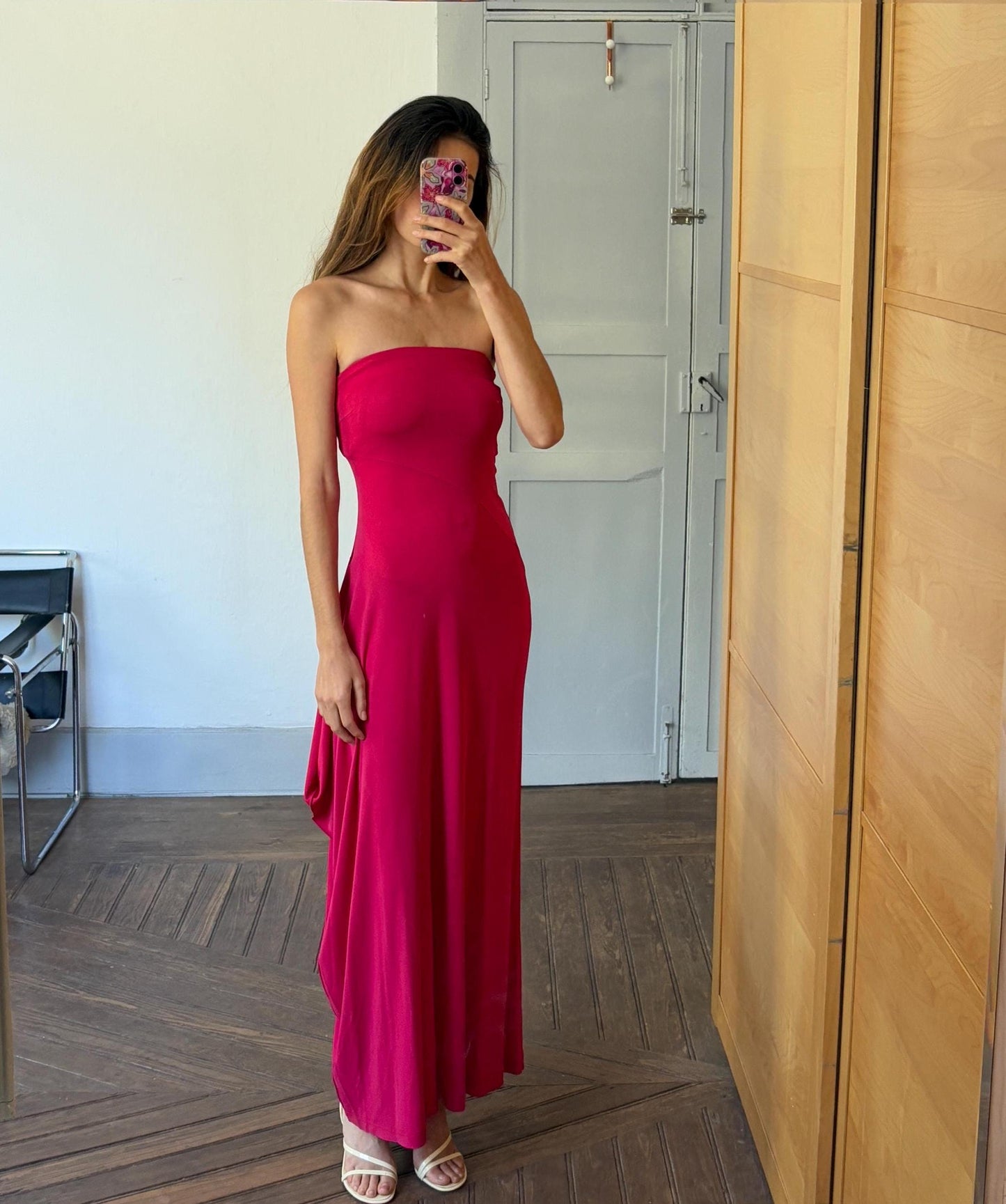 Sexy Vintage dark pink strapless evening dress, Bandeau long pink wedding guest dress, Retro 2000s bubblegum maxi dress, Size XS - S