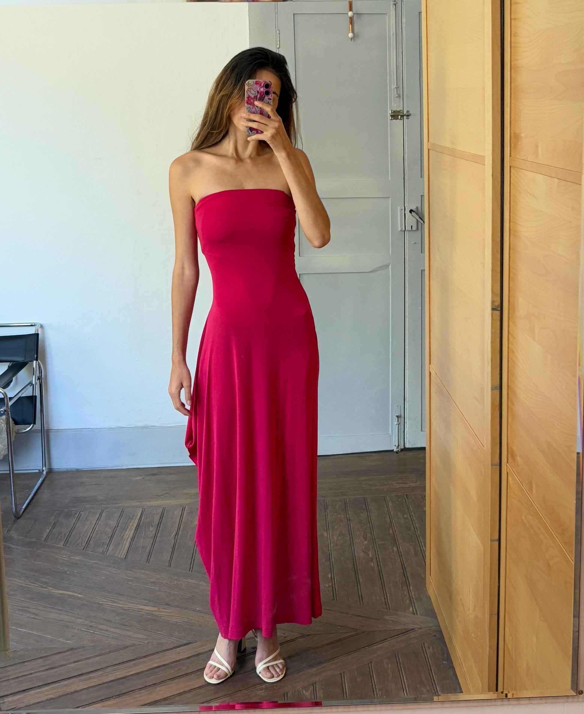 Sexy Vintage dark pink strapless evening dress, Bandeau long pink wedding guest dress, Retro 2000s bubblegum maxi dress, Size XS - S