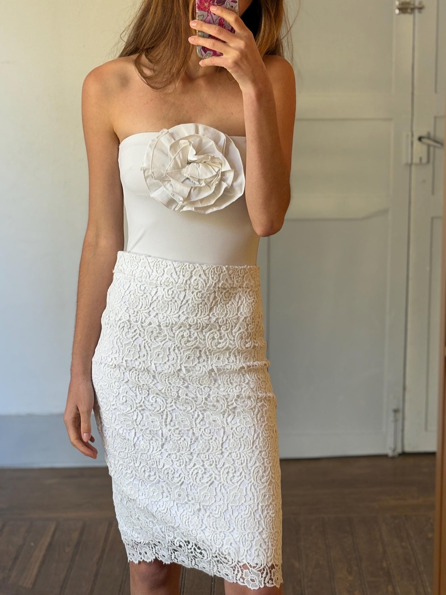 Vintage romantic floral lace white pencil skirt, Long elegant midi skirt, Lightweight vintage summer skirt, Sweet retro midi skirt