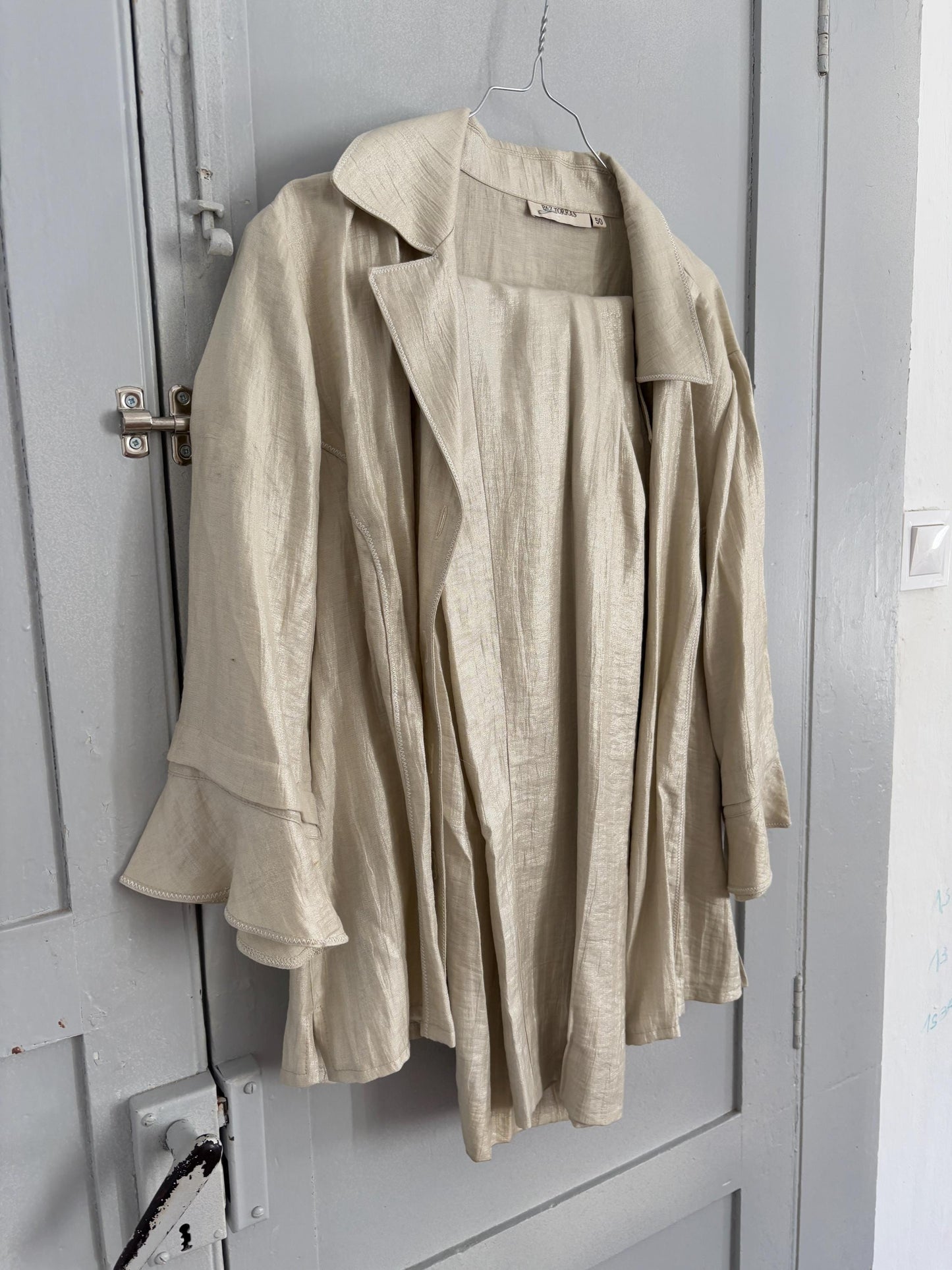 Vintage Paz Torras designer fashion two piece. Glitter sand linen set. Skirt and pants luxury Wedding guest outfit, Size XXL