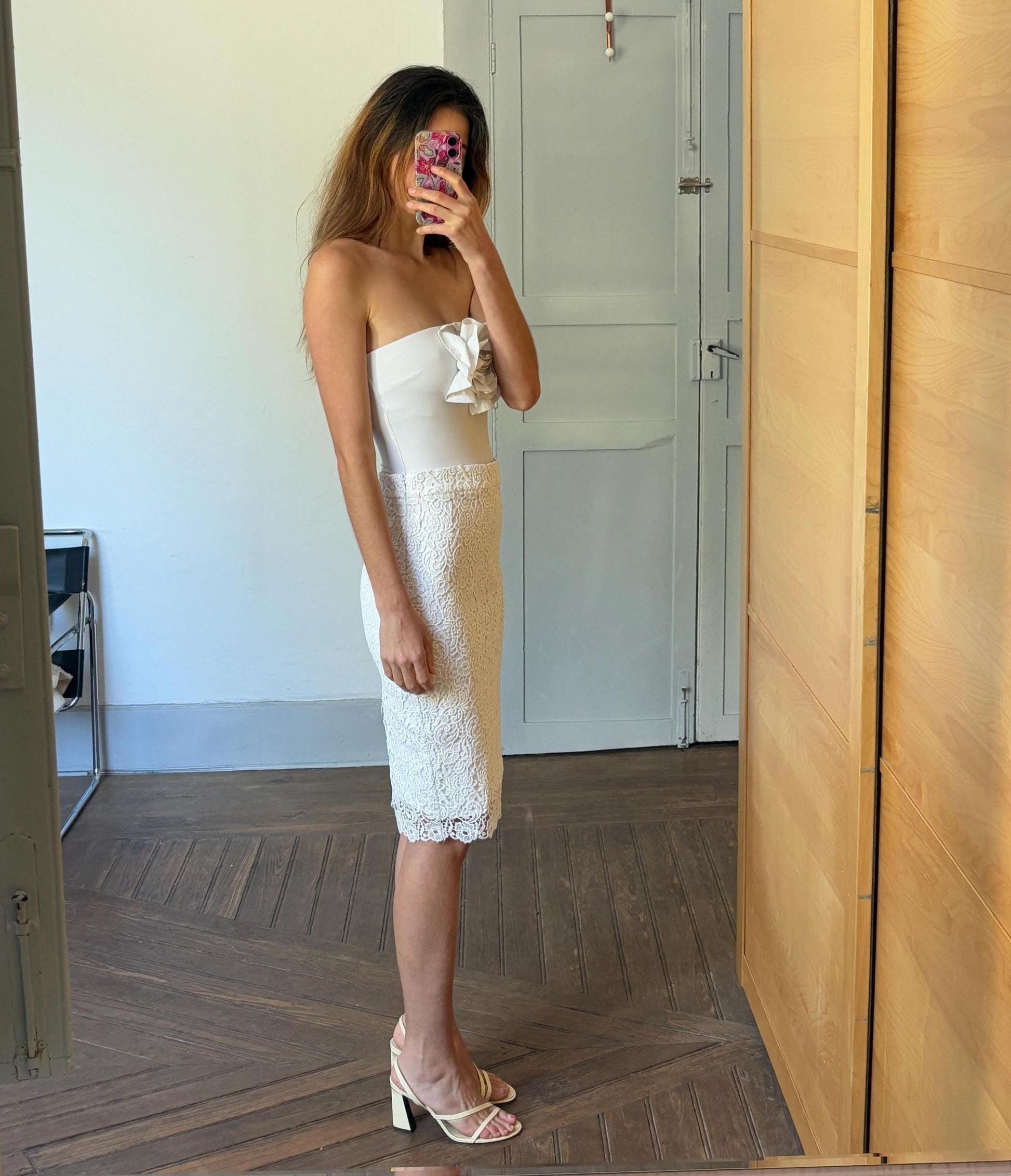 Vintage romantic floral lace white pencil skirt, Long elegant midi skirt, Lightweight vintage summer skirt, Sweet retro midi skirt