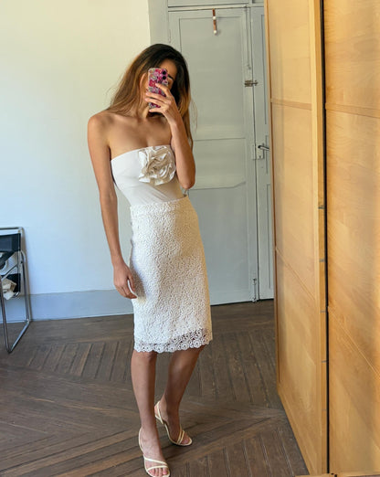 Vintage Floral Lace White Midi Skirt — detail