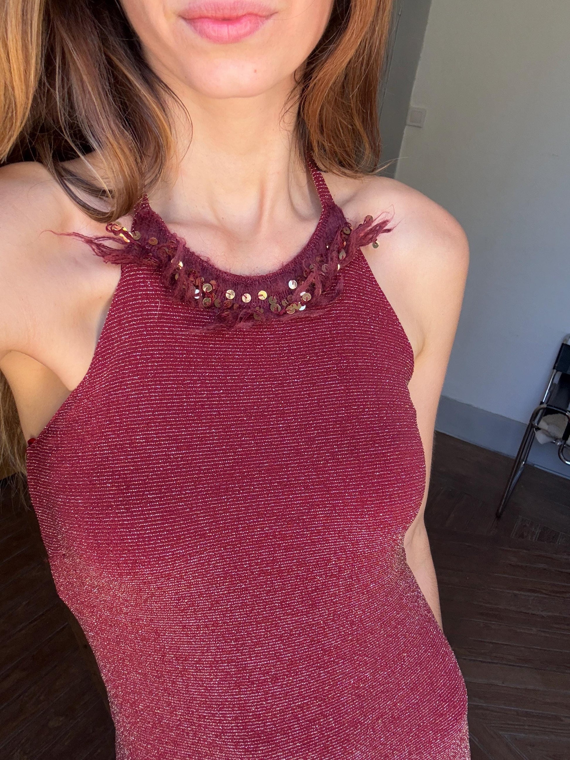 Gorgeous red sparkly long dress, Vintage elegant red maxi dress, high neck open back valentines day outfit, Luxury summer dress, S