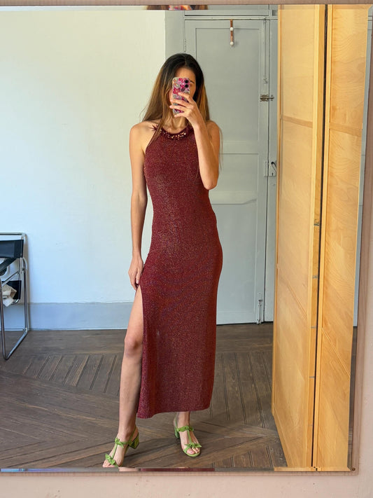 Gorgeous red sparkly long dress, Vintage elegant red maxi dress, high neck open back valentines day outfit, Luxury summer dress, S