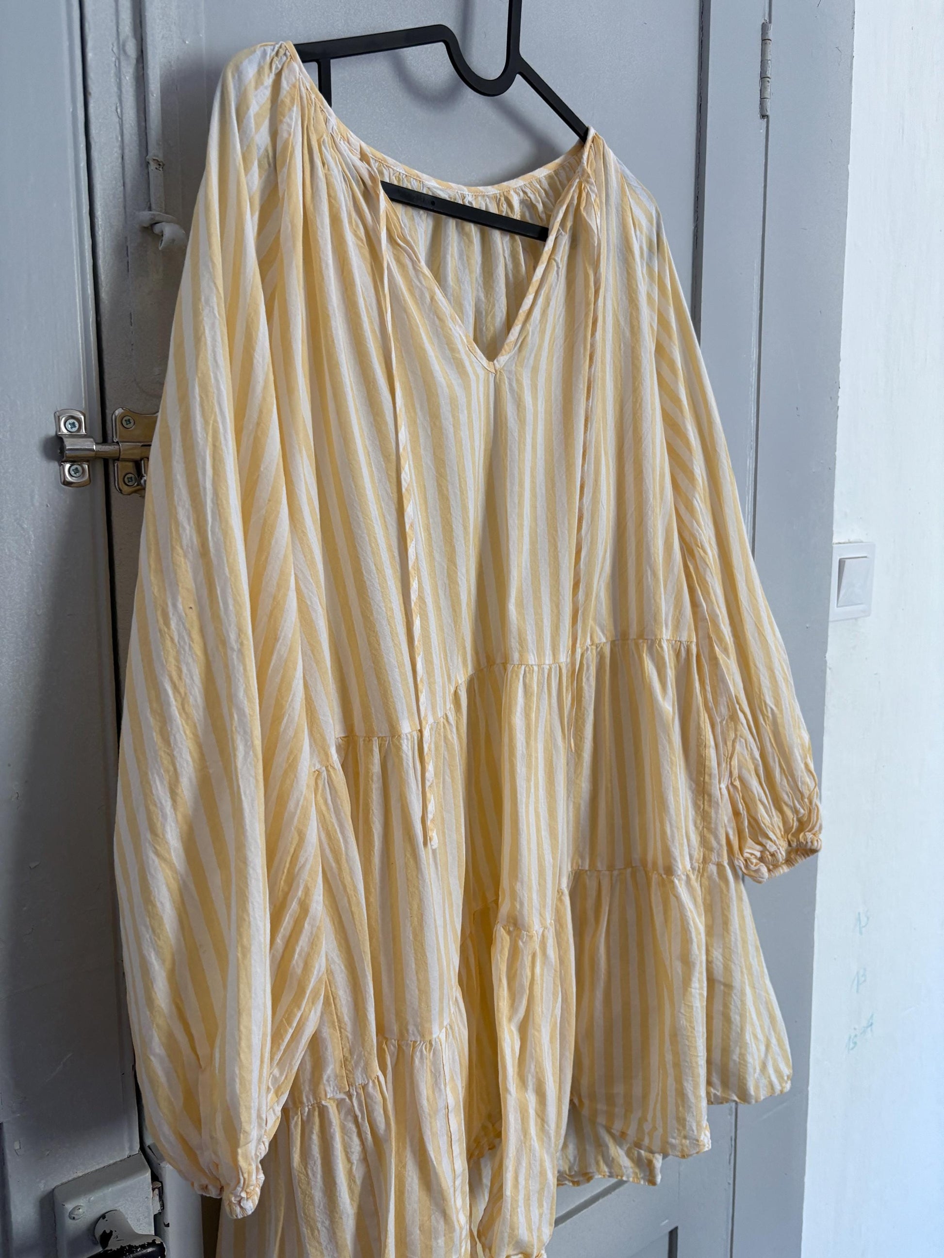 Short yellow and white cute striped mini dress with Puff sleeves, Scandic fashion piece of clothing, Unique short summer dress, Size S
