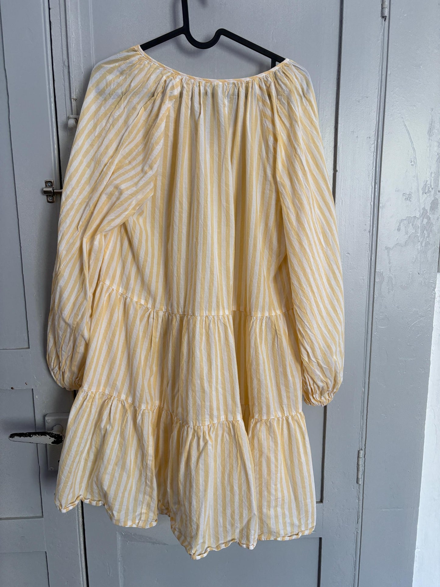 Short yellow and white cute striped mini dress with Puff sleeves, Scandic fashion piece of clothing, Unique short summer dress, Size S