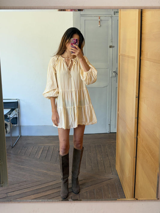 Short yellow and white cute striped mini dress with Puff sleeves, Scandic fashion piece of clothing, Unique short summer dress, Size S