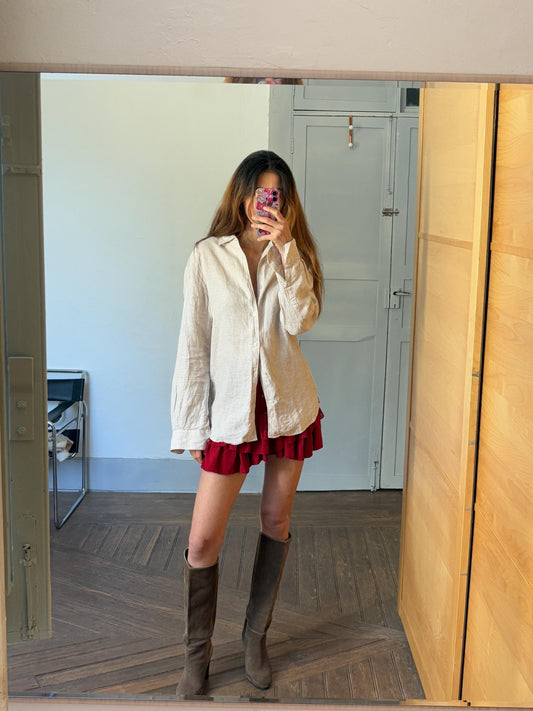 Vintage sand linen blouse, Earthy short sleeve shirt, Summer light beige Men's oxford, Oat coloured boxy fit classic formal shirt