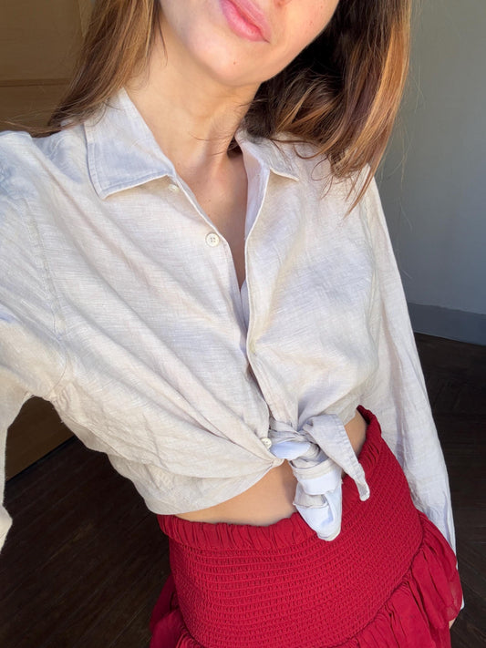 Vintage sand linen blouse, Earthy short sleeve shirt, Summer light beige Men's oxford, Oat coloured boxy fit classic formal shirt