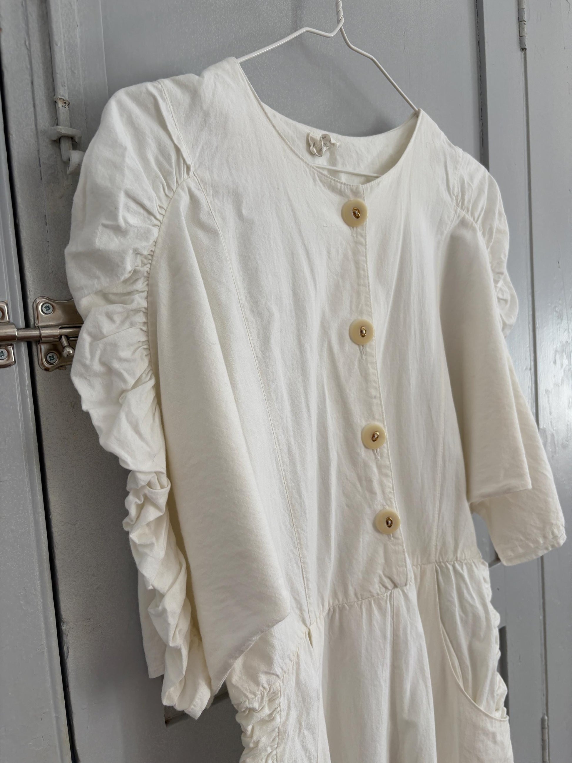 Vintage white long jumpsuit, Retro puff sleeve playsuit, loose fit play outfit, Retro workwear, S
